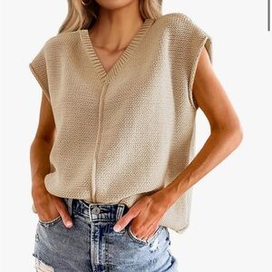 Sleeveless V-Neck Knit Sweater Vest in Beige